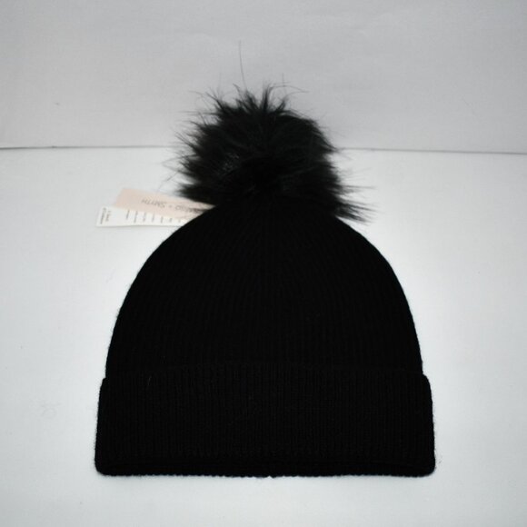 SASSO + SMYTH Ribbed Cuff Faux Fur Pom Beanie in Black NWT Details: Wool/cashmer - Picture 1 of 3